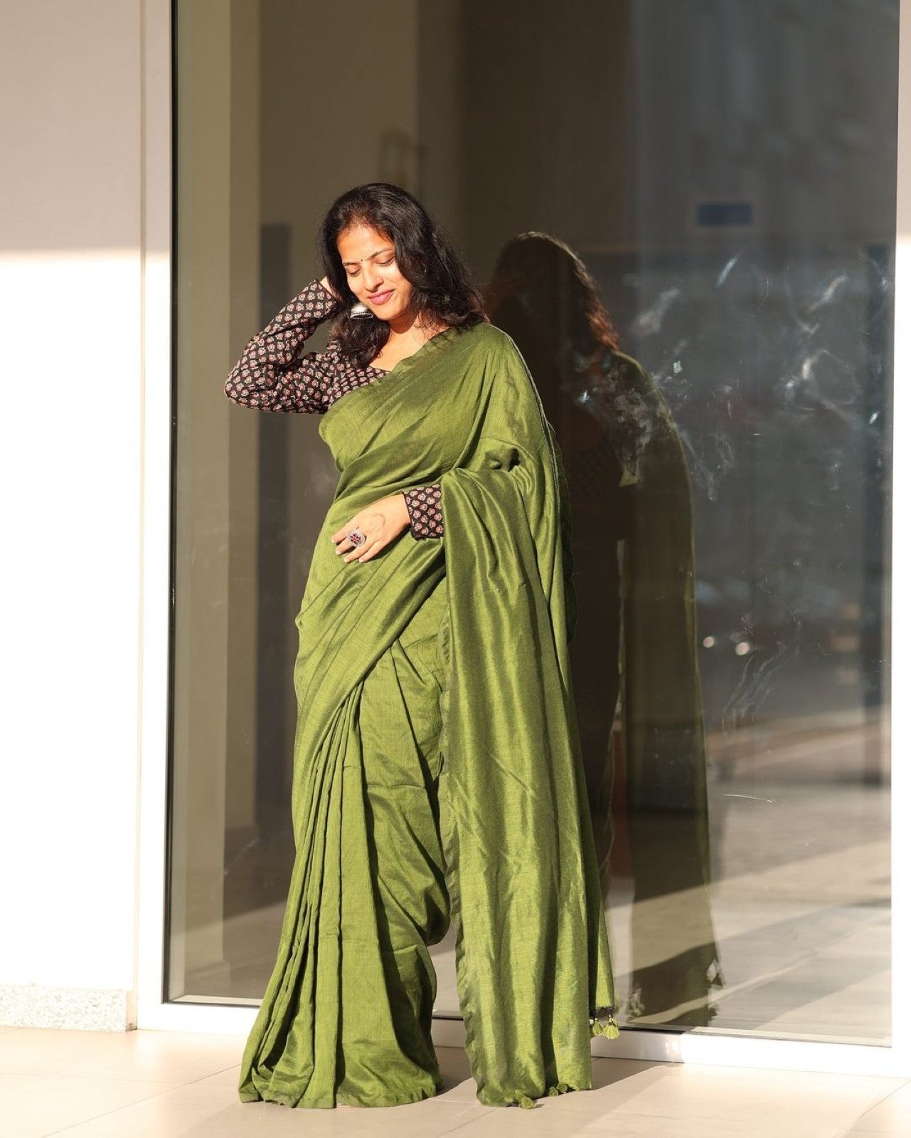 Pure Khadi Cotton Saree with Readymade Long Sleeves Ajrakh Print Blouse