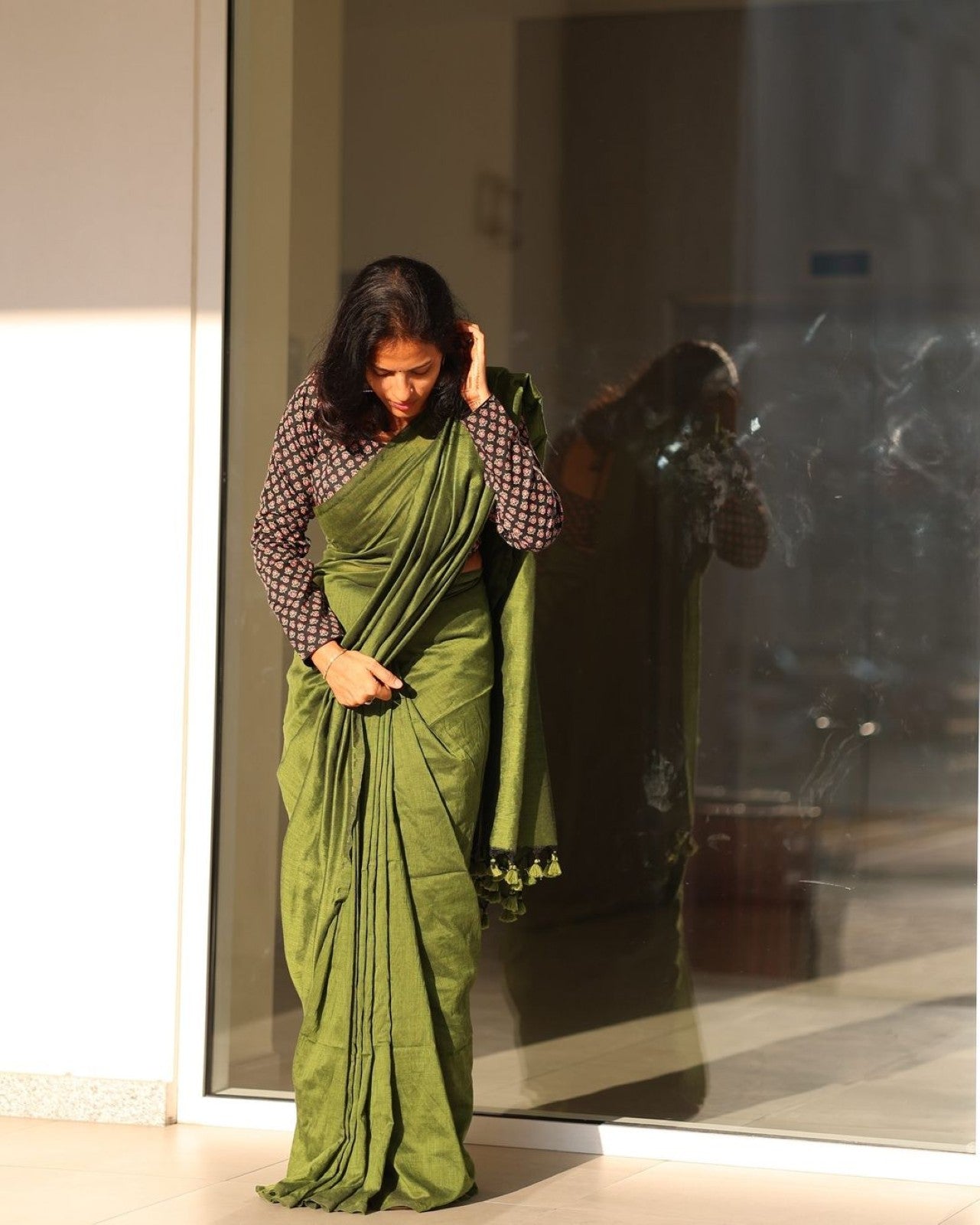 Pure Khadi Cotton Saree with Readymade Long Sleeves Ajrakh Print Blouse