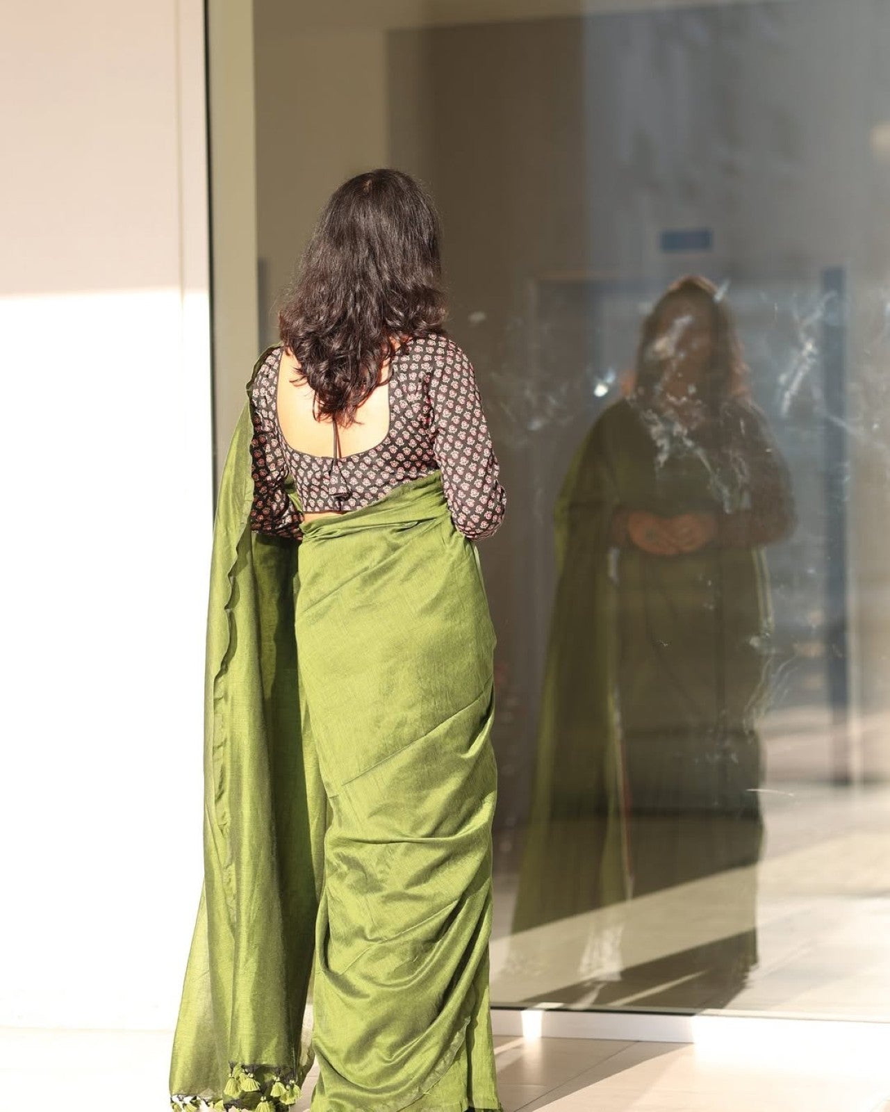 Pure Khadi Cotton Saree with Readymade Long Sleeves Ajrakh Print Blouse
