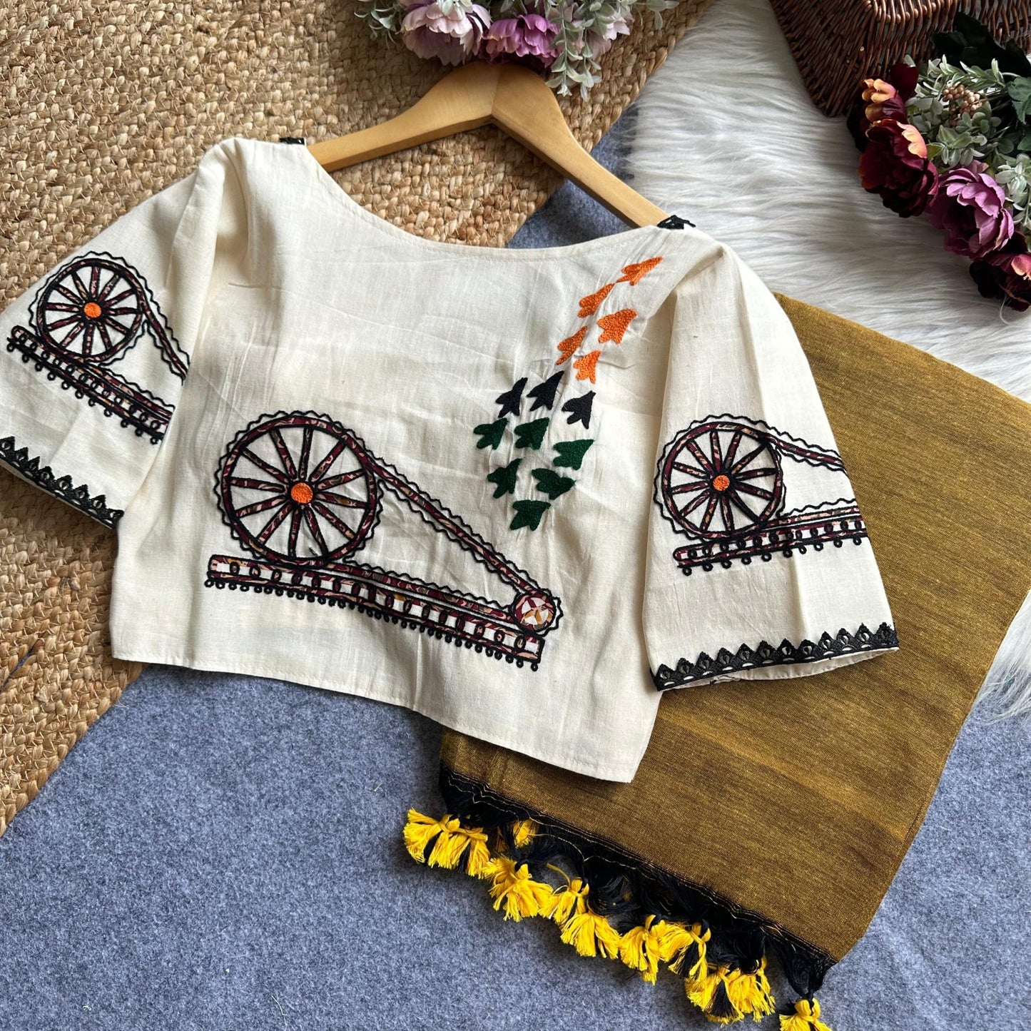 Khadi Cotton Saree with Heavy Khadi Cotton Applique Blouse