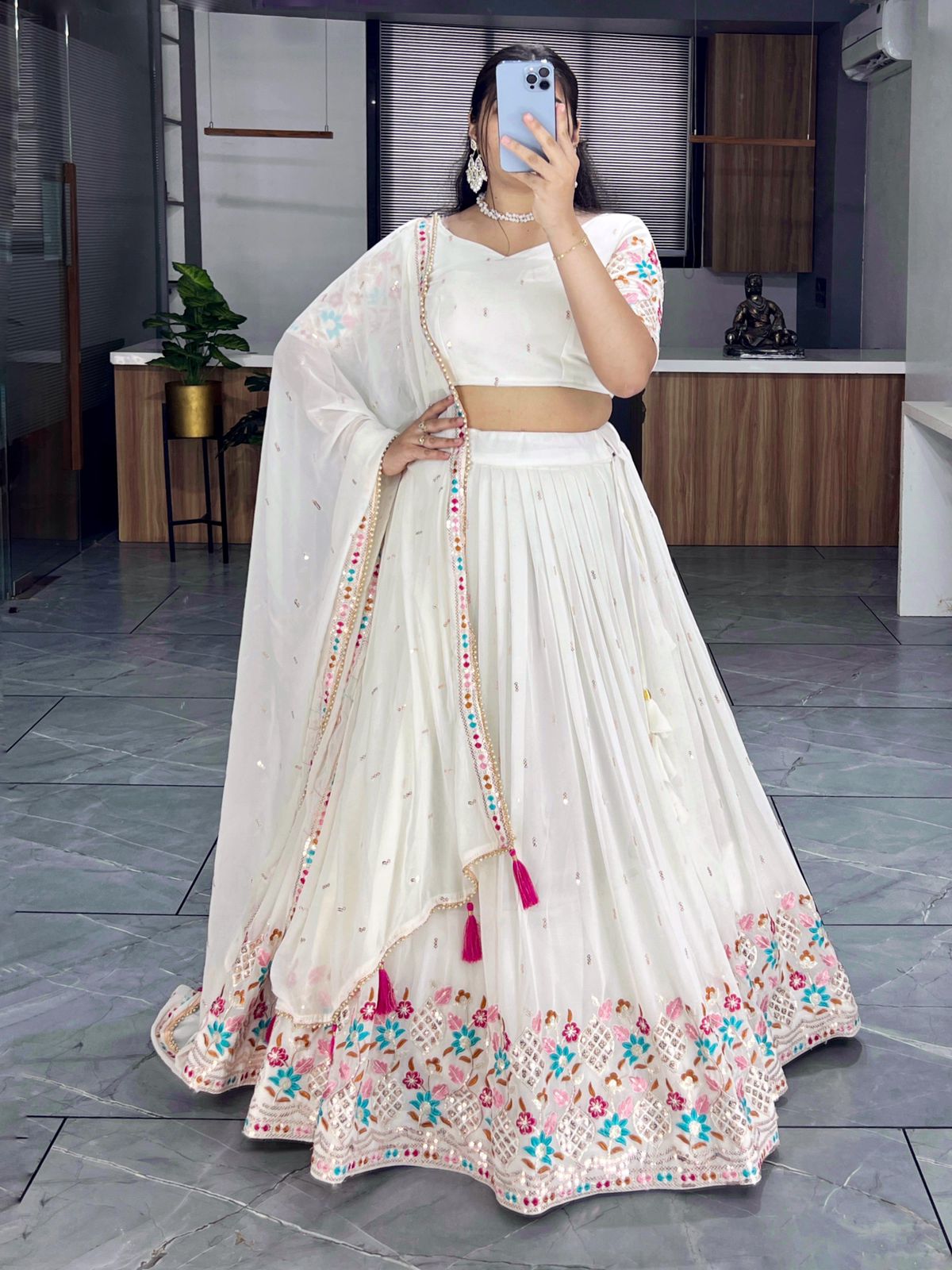 Off White Faux Georgette Embroidered Lehenga Choli With Dupatta