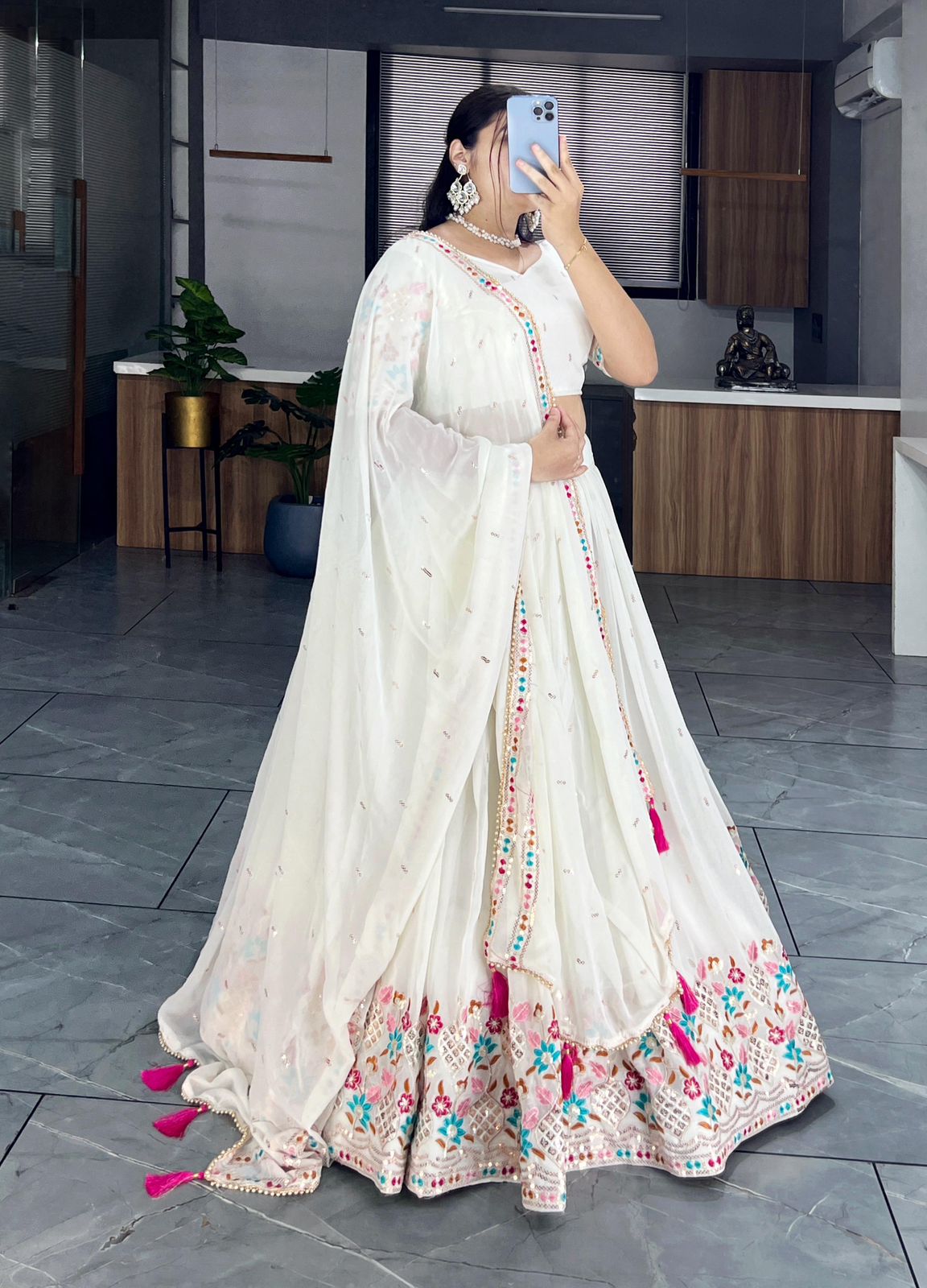Off White Faux Georgette Embroidered Lehenga Choli With Dupatta