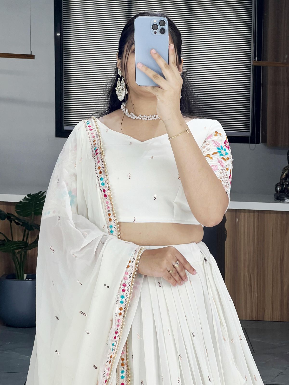 Off White Faux Georgette Embroidered Lehenga Choli With Dupatta