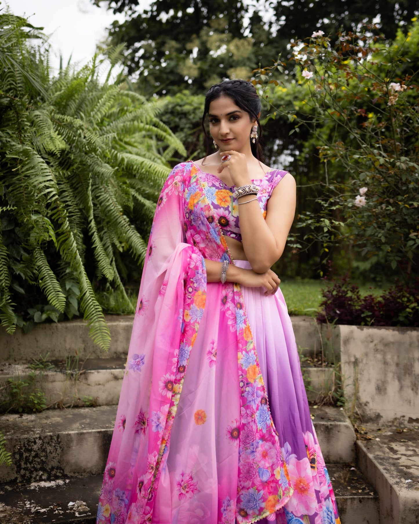Floral Print Chinon Lehenga Choli with Dupatta | Designer Printed Party Wear Lehenga for Women