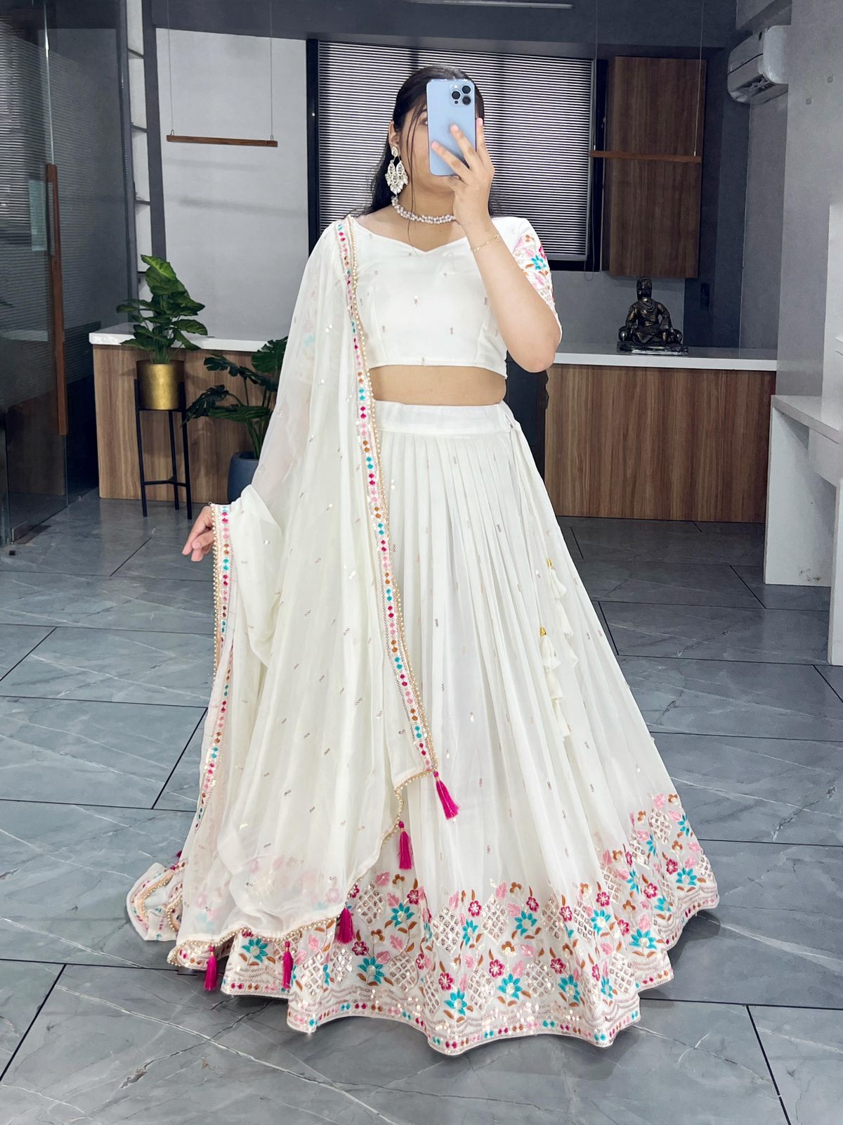 Off White Faux Georgette Embroidered Lehenga Choli With Dupatta
