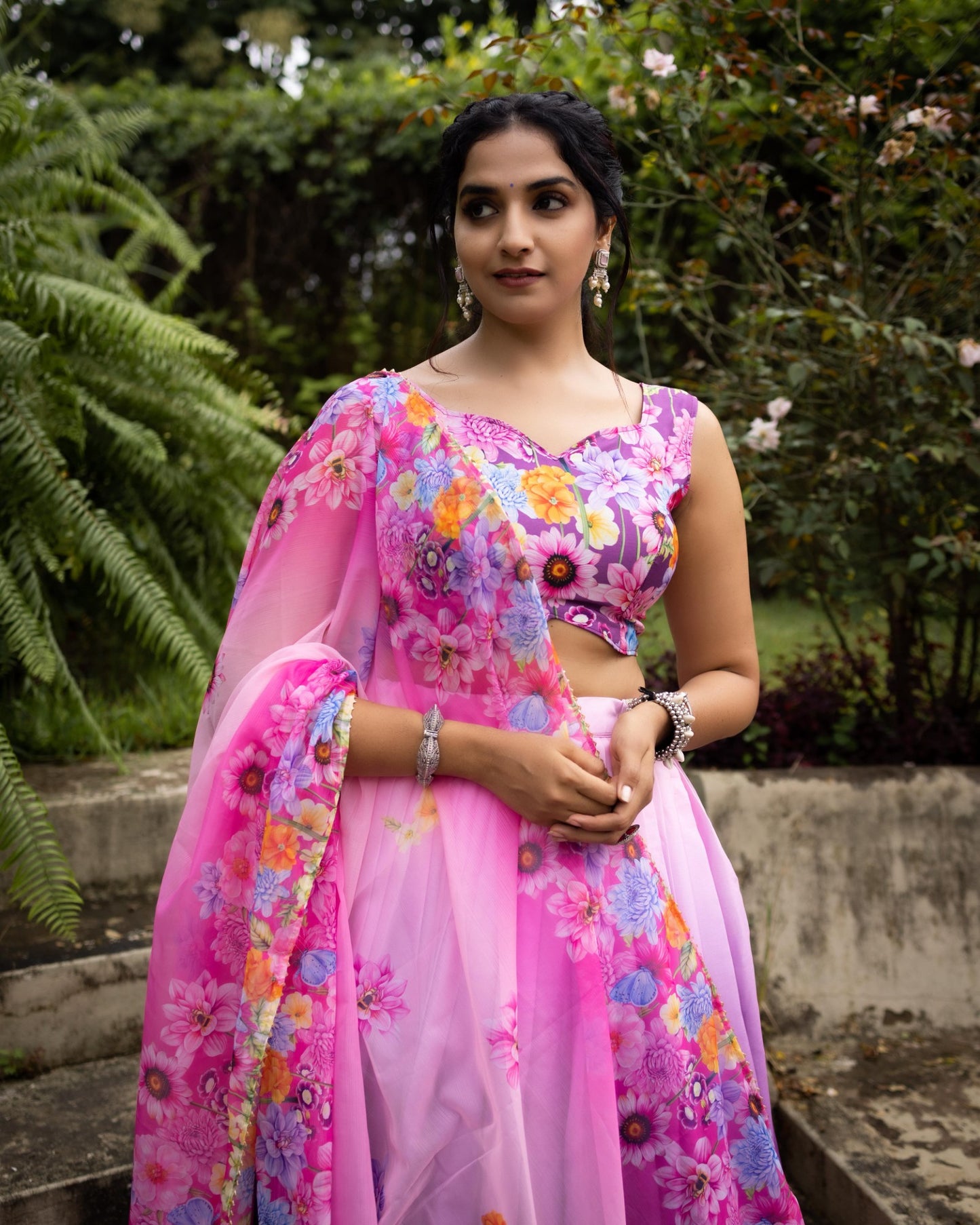 Floral Print Chinon Lehenga Choli with Dupatta | Designer Printed Party Wear Lehenga for Women