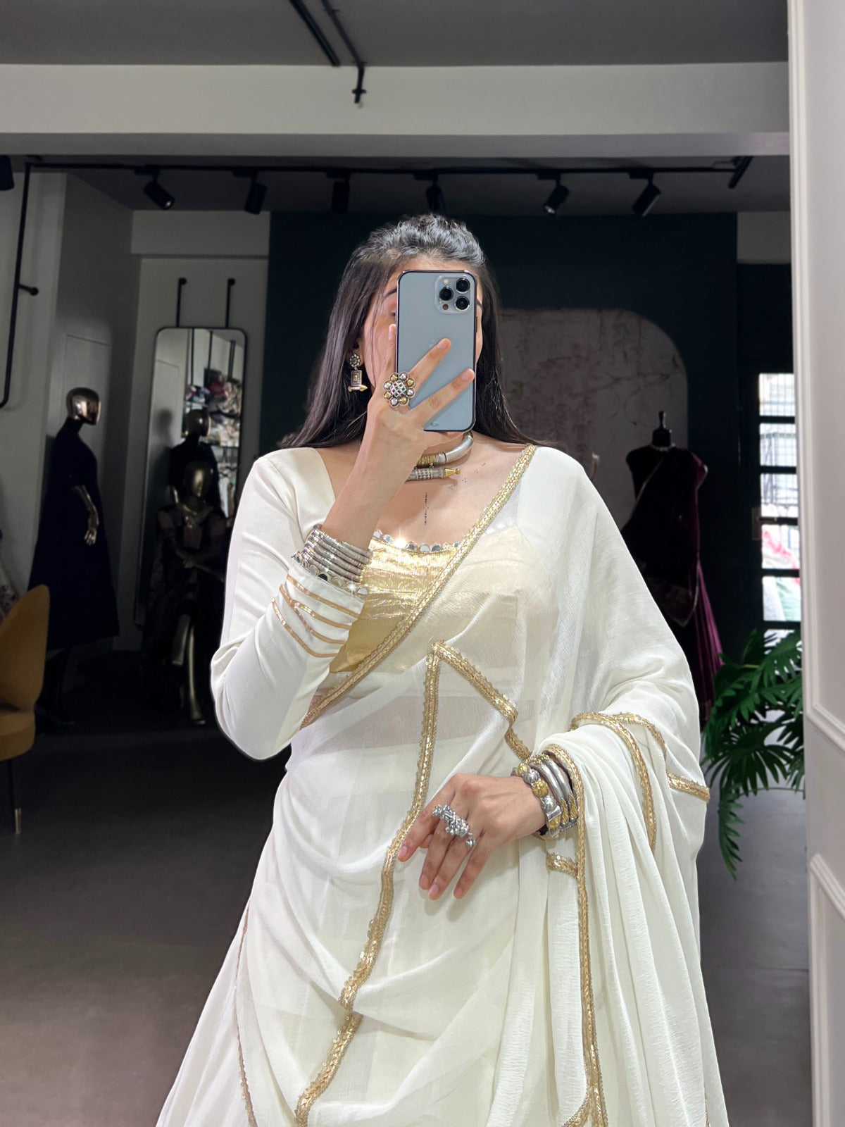 Ivory White Rayon Lehenga Set with Gold Gotta Patti & Mirror Work Blouse