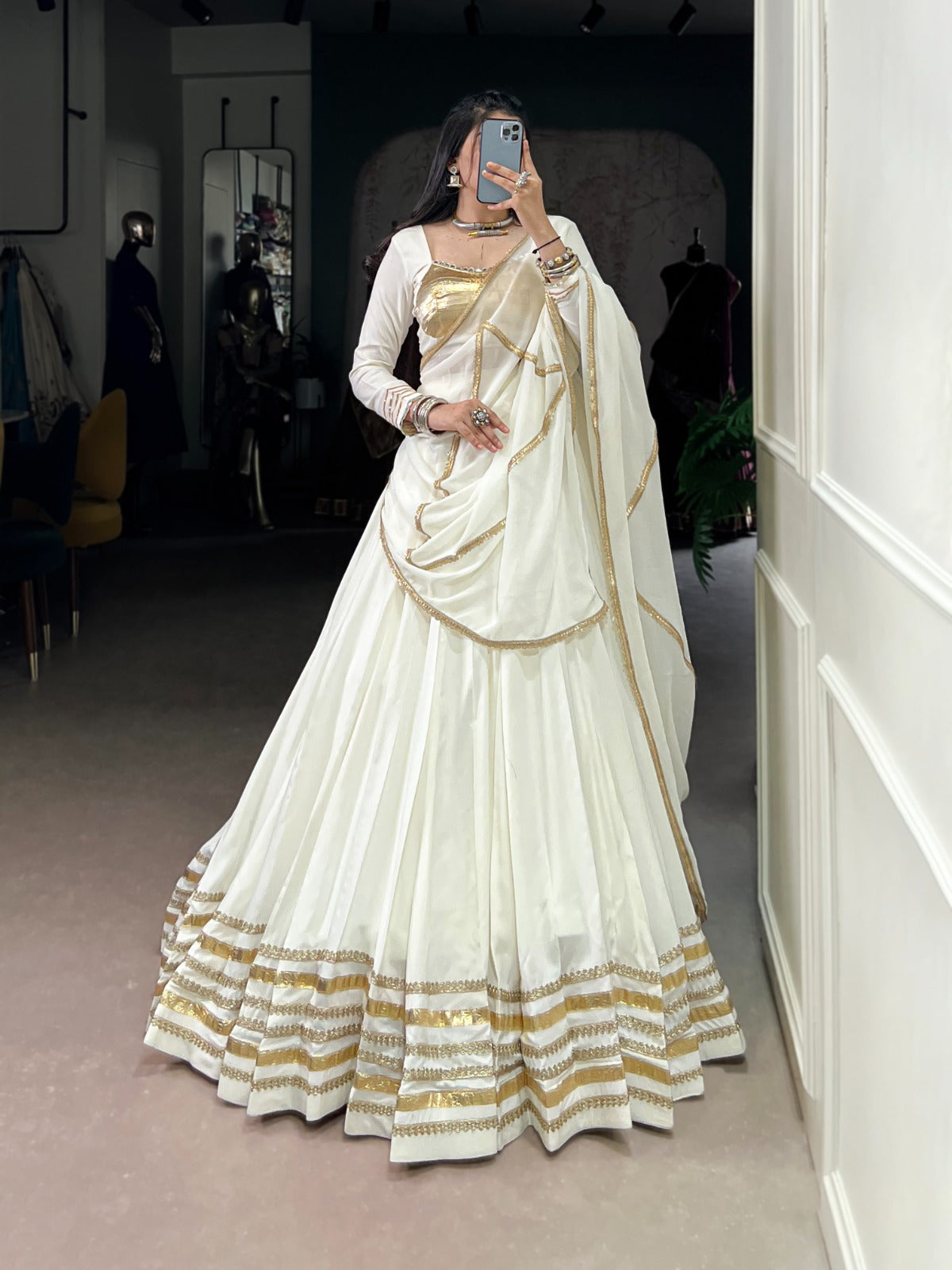 Ivory White Rayon Lehenga Set with Gold Gotta Patti & Mirror Work Blouse