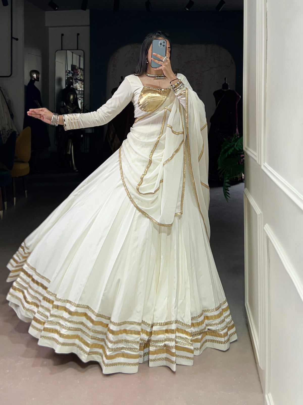Ivory White Rayon Lehenga Set with Gold Gotta Patti & Mirror Work Blouse