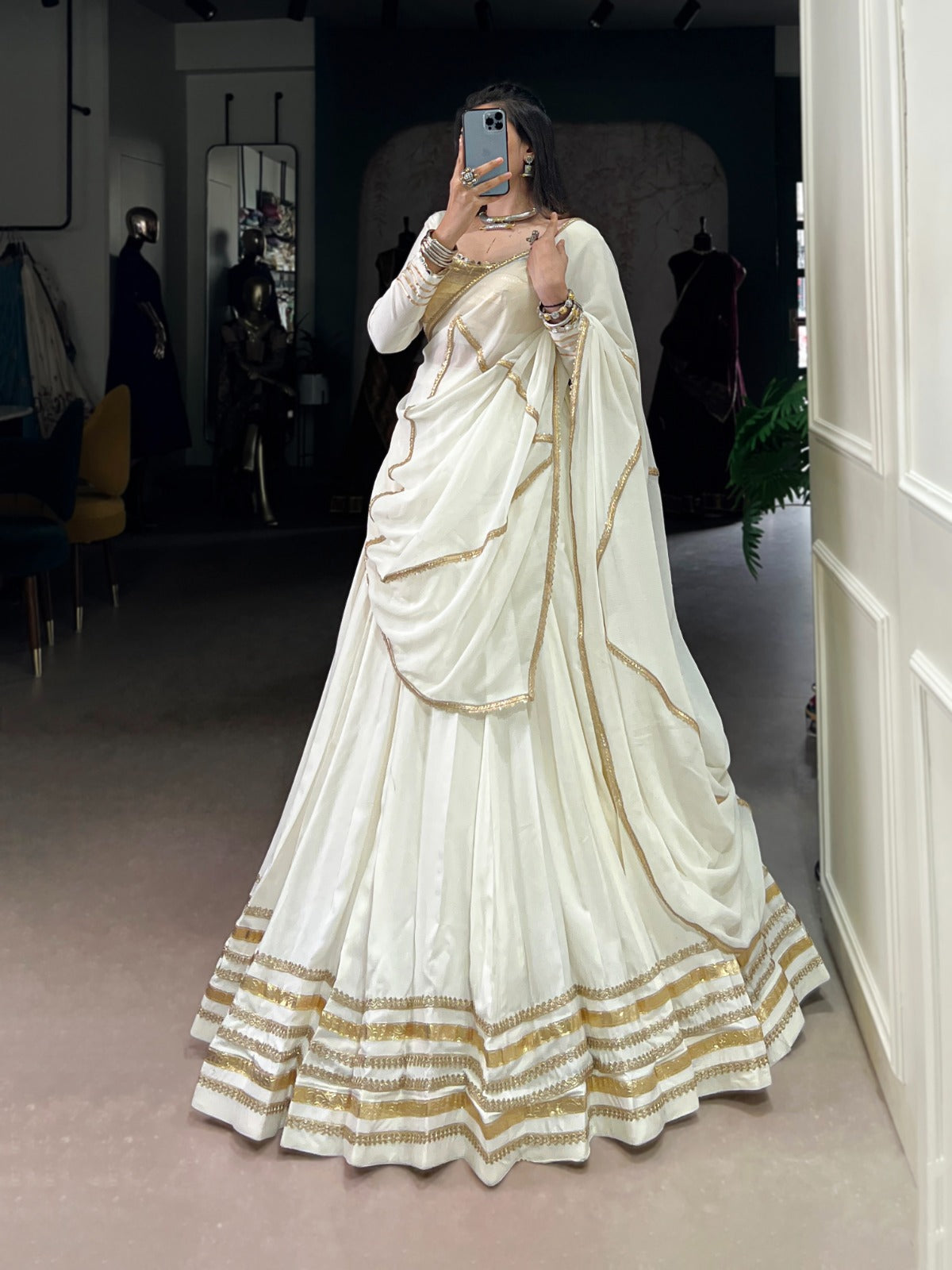 Ivory White Rayon Lehenga Set with Gold Gotta Patti & Mirror Work Blouse