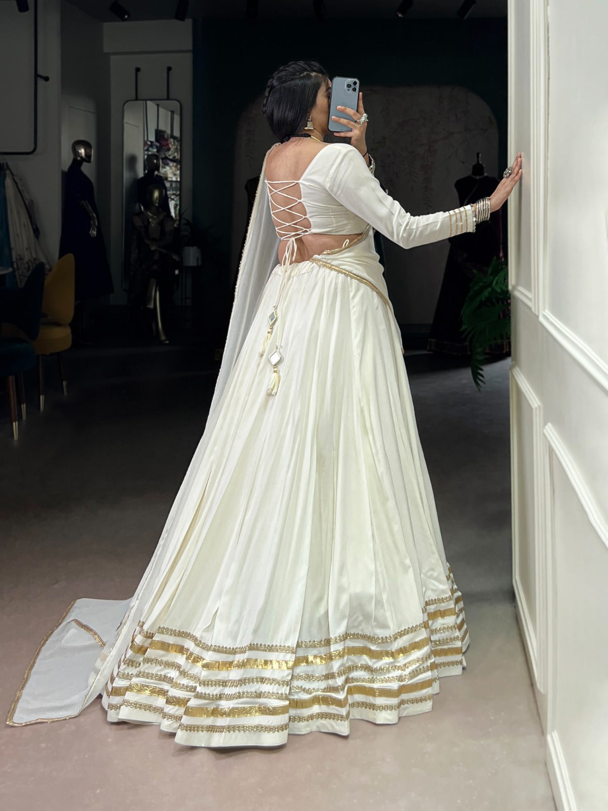 Ivory White Rayon Lehenga Set with Gold Gotta Patti & Mirror Work Blouse