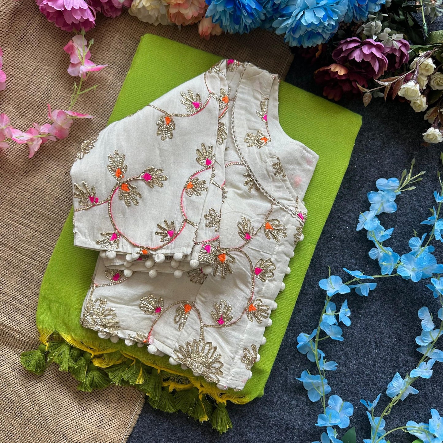 Pure Khadi Cotton saree with Readymade White Khadi Cotton Blouse