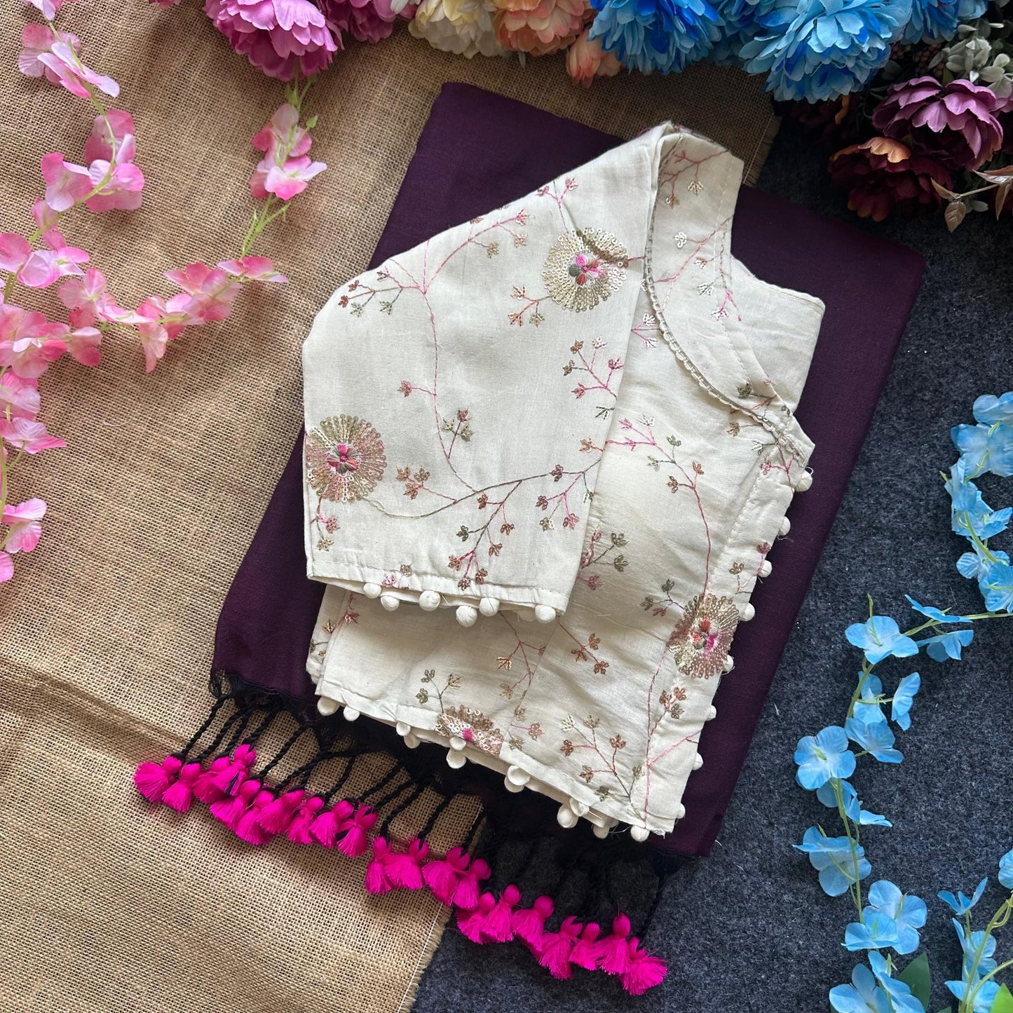 Pure Khadi Cotton saree with Readymade White Khadi Cotton Blouse