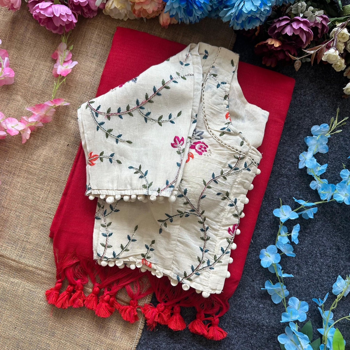 Pure Khadi Cotton saree with Readymade White Khadi Cotton Blouse