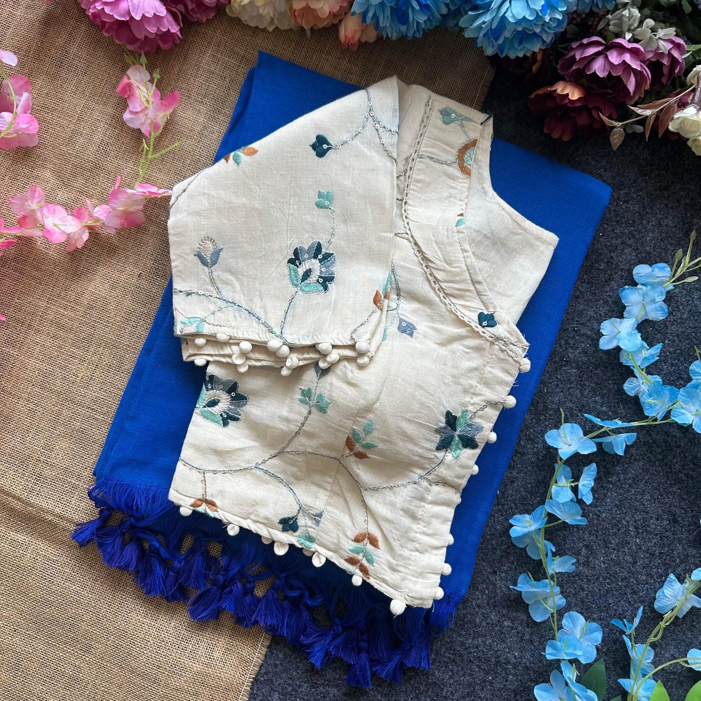 Pure Khadi Cotton saree with Readymade White Khadi Cotton Blouse