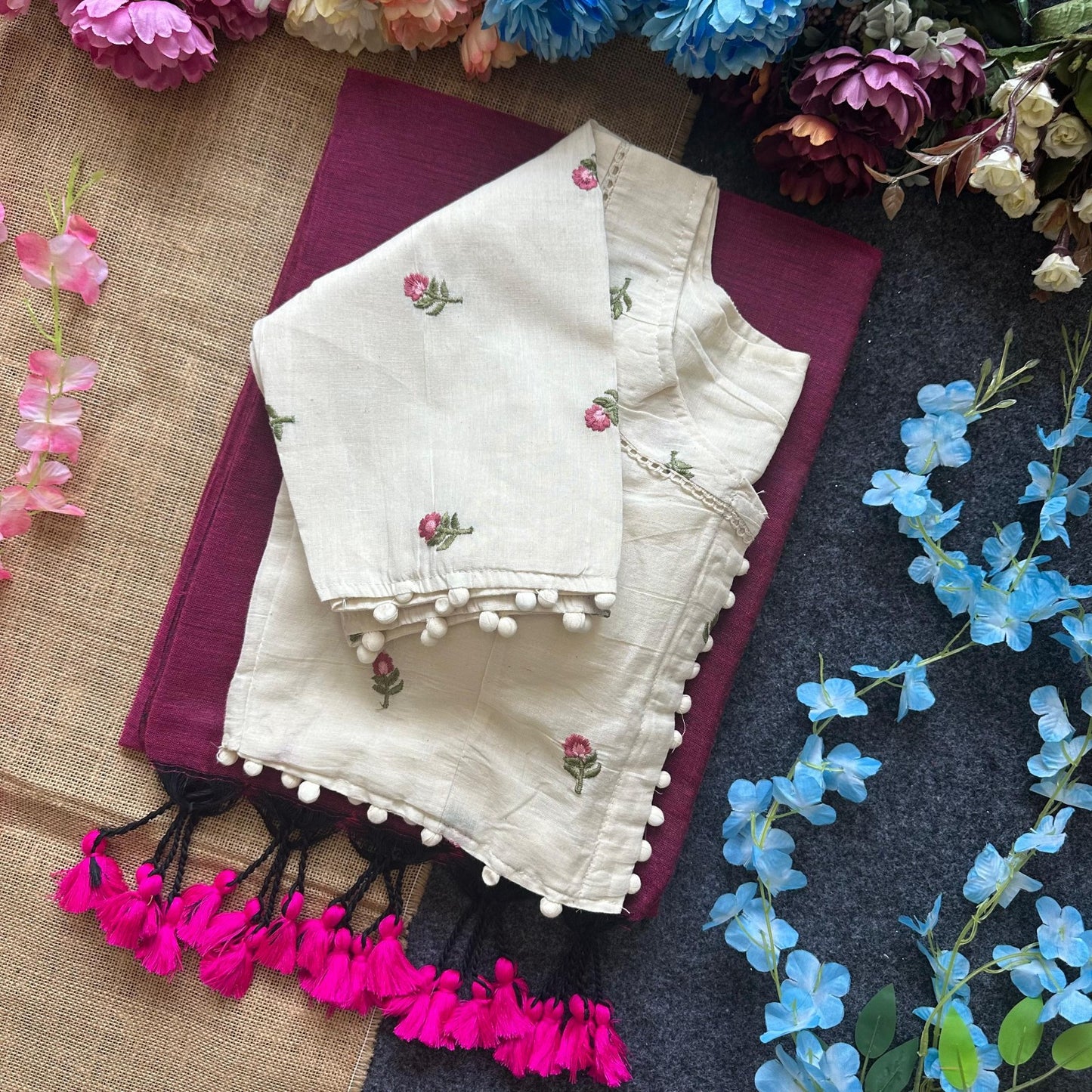 Pure Khadi Cotton saree with Readymade White Khadi Cotton Blouse