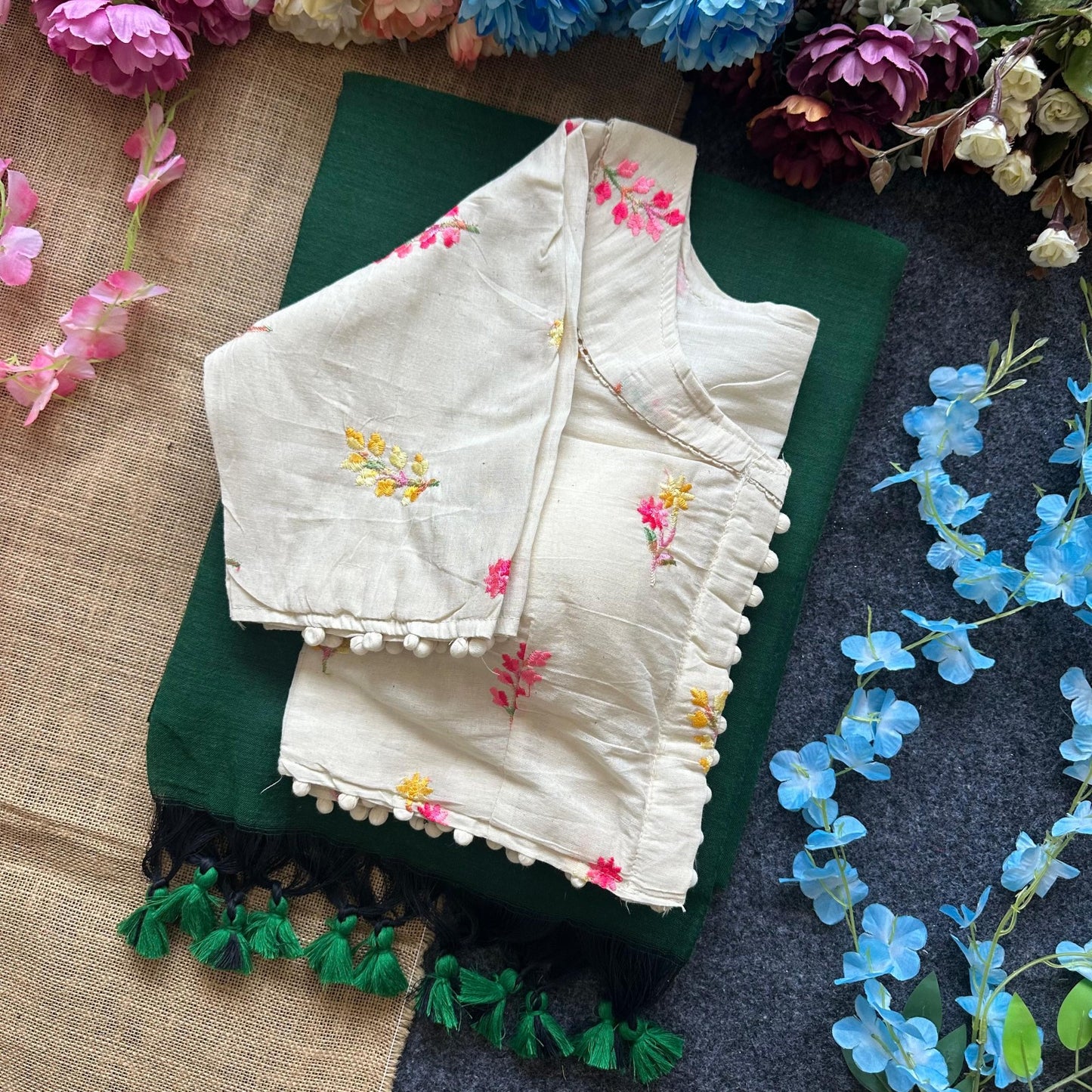 Pure Khadi Cotton saree with Readymade White Khadi Cotton Blouse