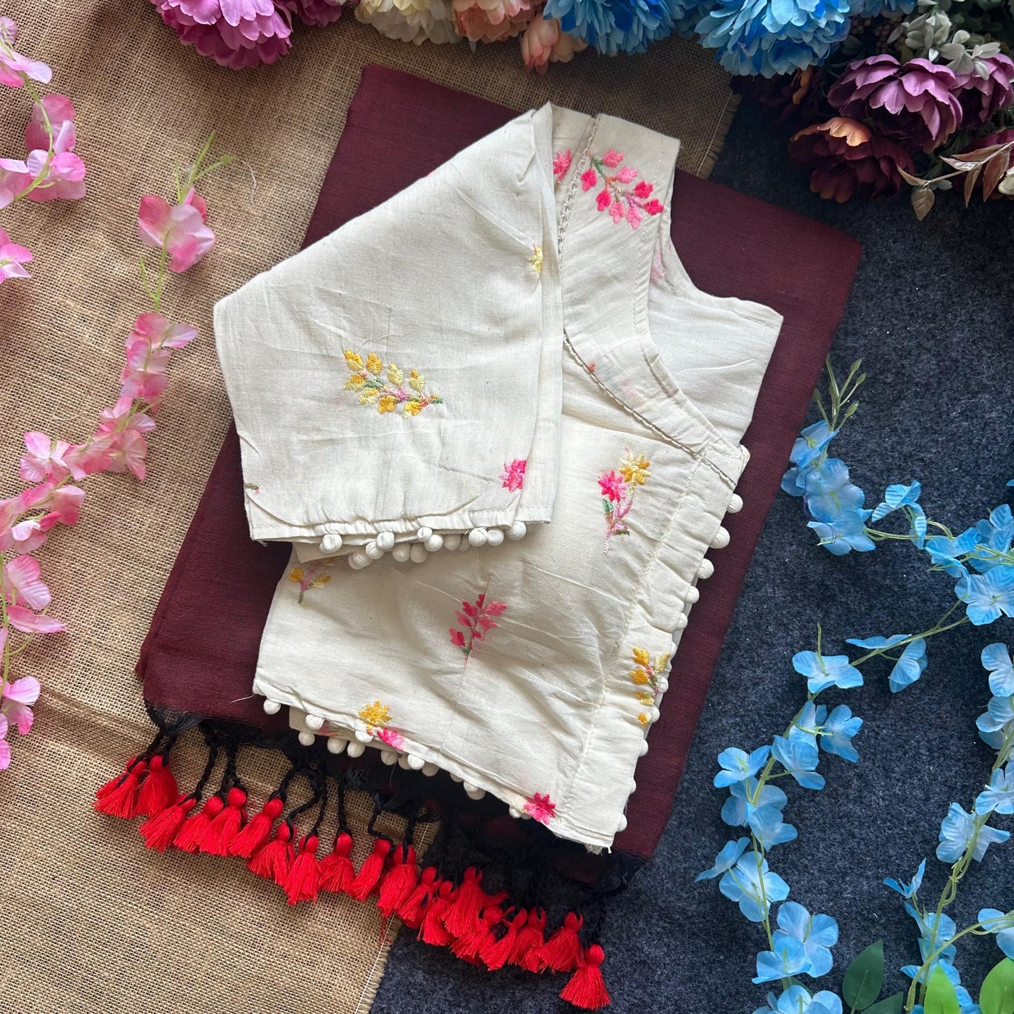 Pure Khadi Cotton saree with Readymade White Khadi Cotton Blouse