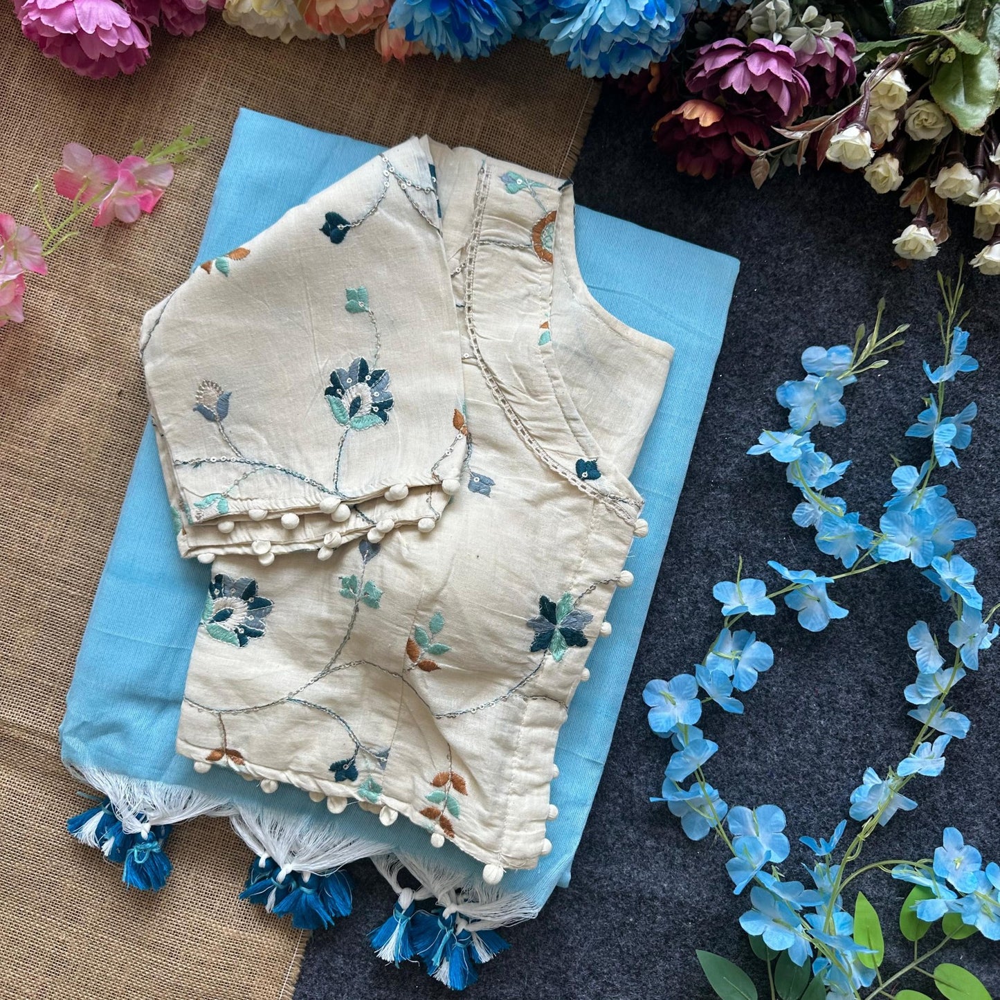 Pure Khadi Cotton saree with Readymade White Khadi Cotton Blouse