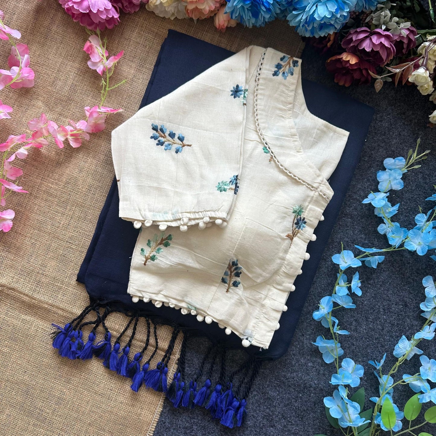 Pure Khadi Cotton saree with Readymade White Khadi Cotton Blouse