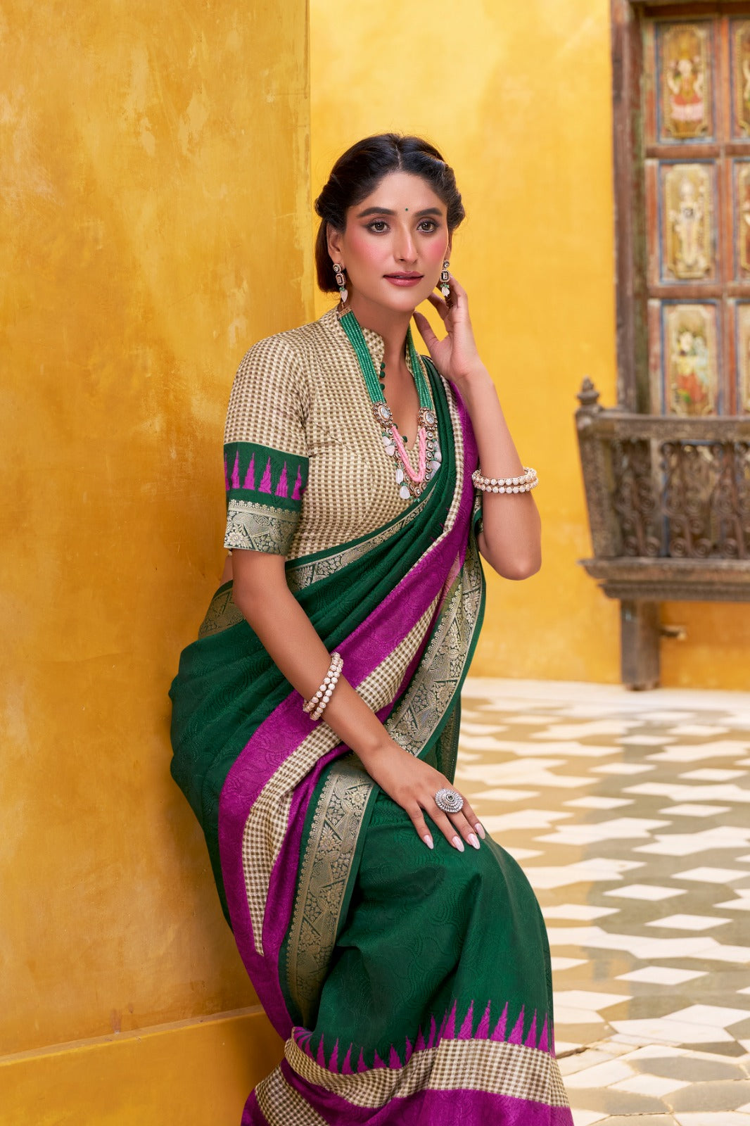 Poly Cotton Saree with Printed Zari Weaving and Matching Blouse