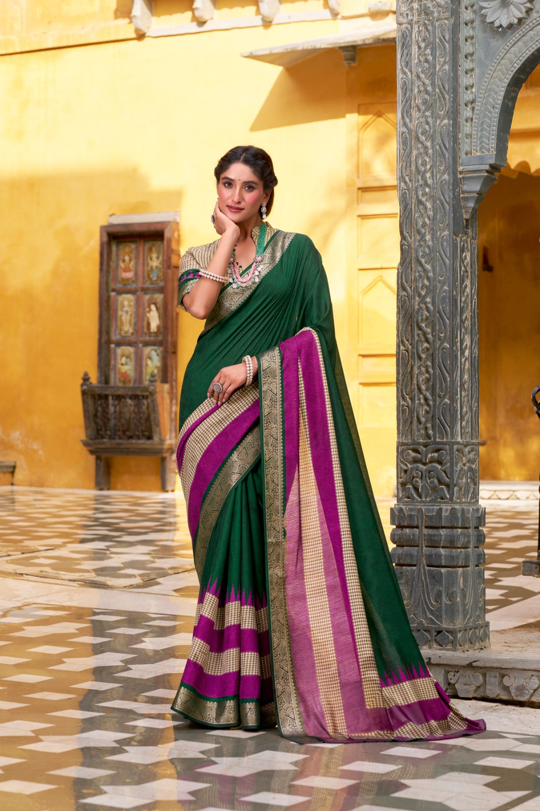 Poly Cotton Saree with Printed Zari Weaving and Matching Blouse