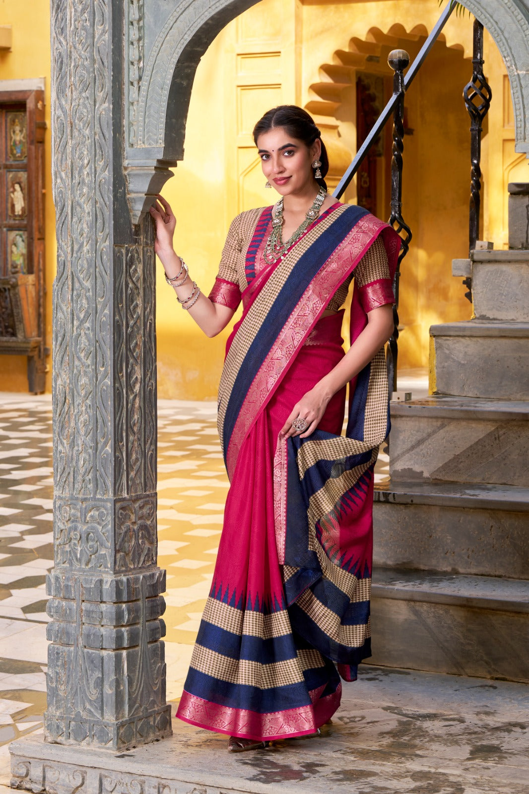 Poly Cotton Saree with Printed Zari Weaving and Matching Blouse