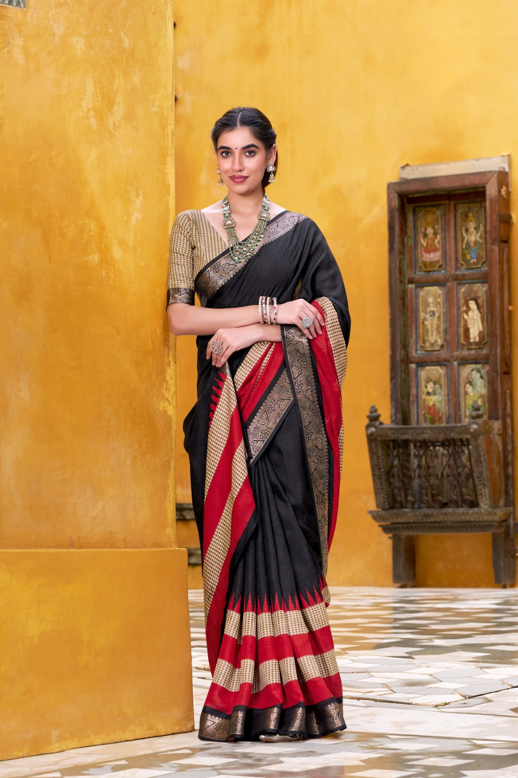 Poly Cotton Saree with Printed Zari Weaving and Matching Blouse