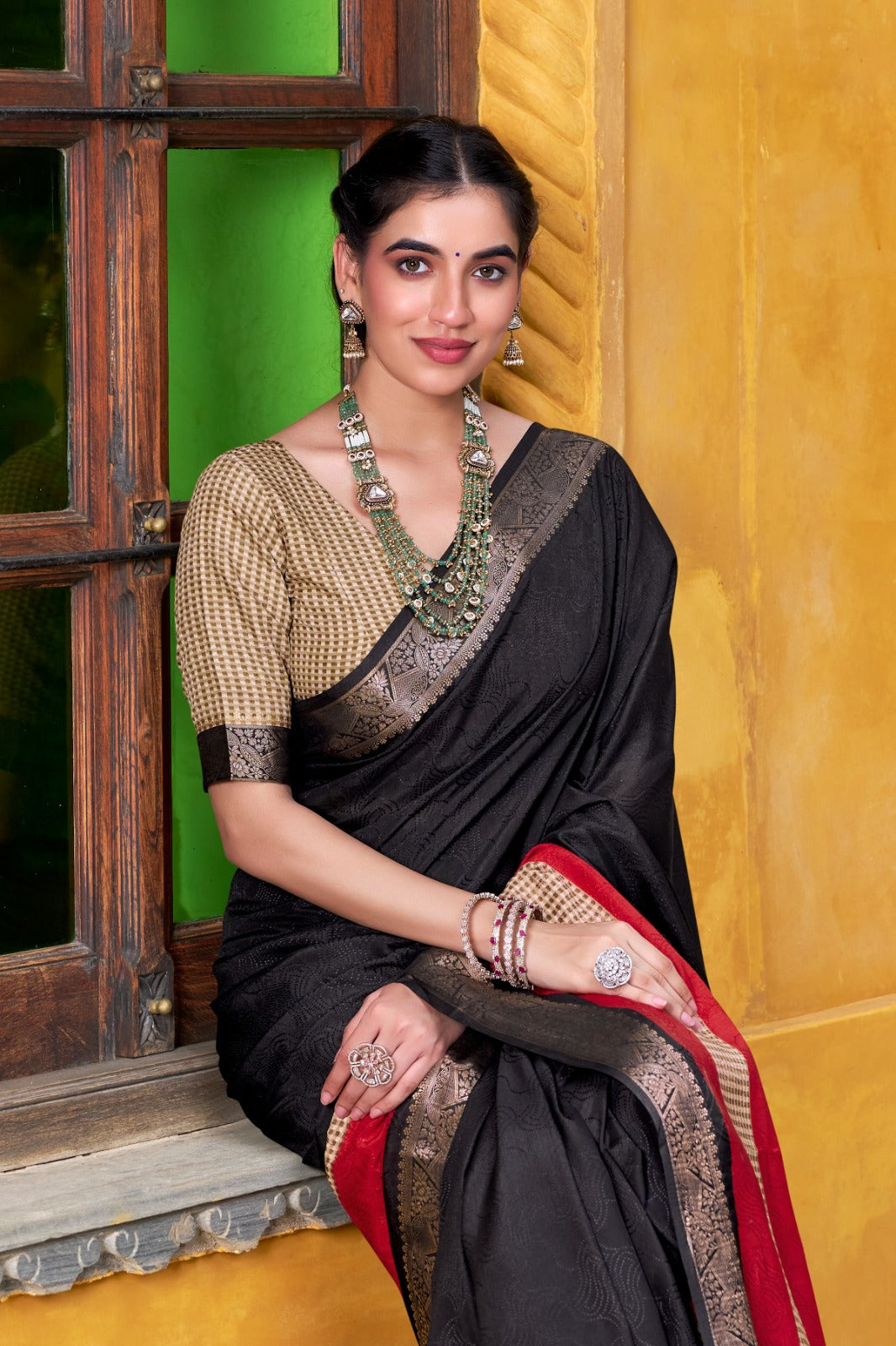 Poly Cotton Saree with Printed Zari Weaving and Matching Blouse
