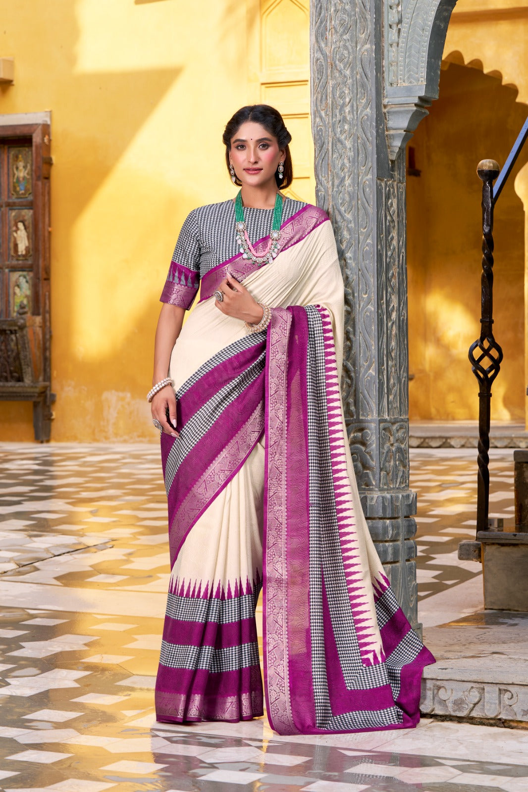 Poly Cotton Saree with Printed Zari Weaving and Matching Blouse