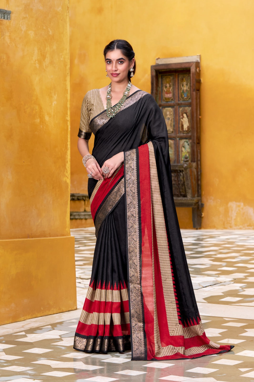 Poly Cotton Saree with Printed Zari Weaving and Matching Blouse