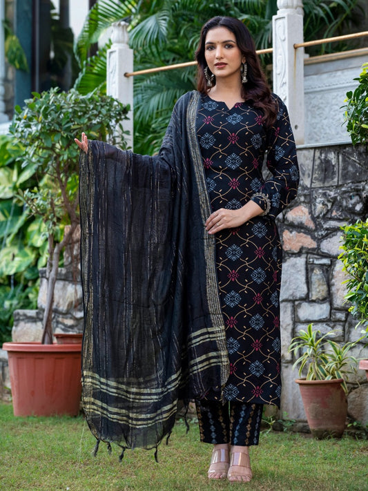 Black Printed Rayon Kurti Pant Dupatta Set