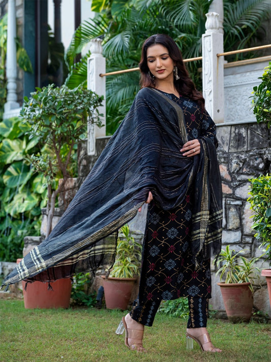 Black Printed Rayon Kurti Pant Dupatta Set