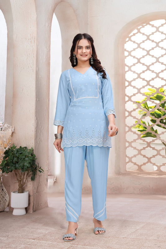 Blue Shiffli Embroidered Viscose Rayon Co-Ord Set for Women