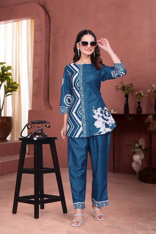 Blue Magic Slub Printed Co-Ord Set for Women