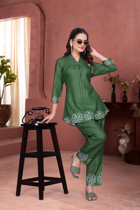 Bottle Green Magic Slub Fabric Embroidered Co-Ord Set for Women