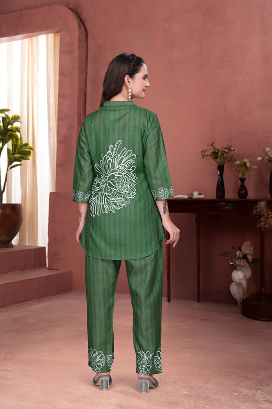 Bottle Green Magic Slub Fabric Embroidered Co-Ord Set for Women