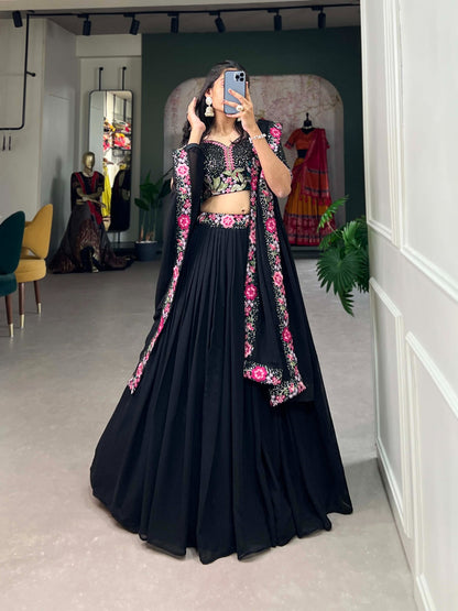Elegant Black Georgette Embroidered Lehenga Set with Sequins & Thread Work
