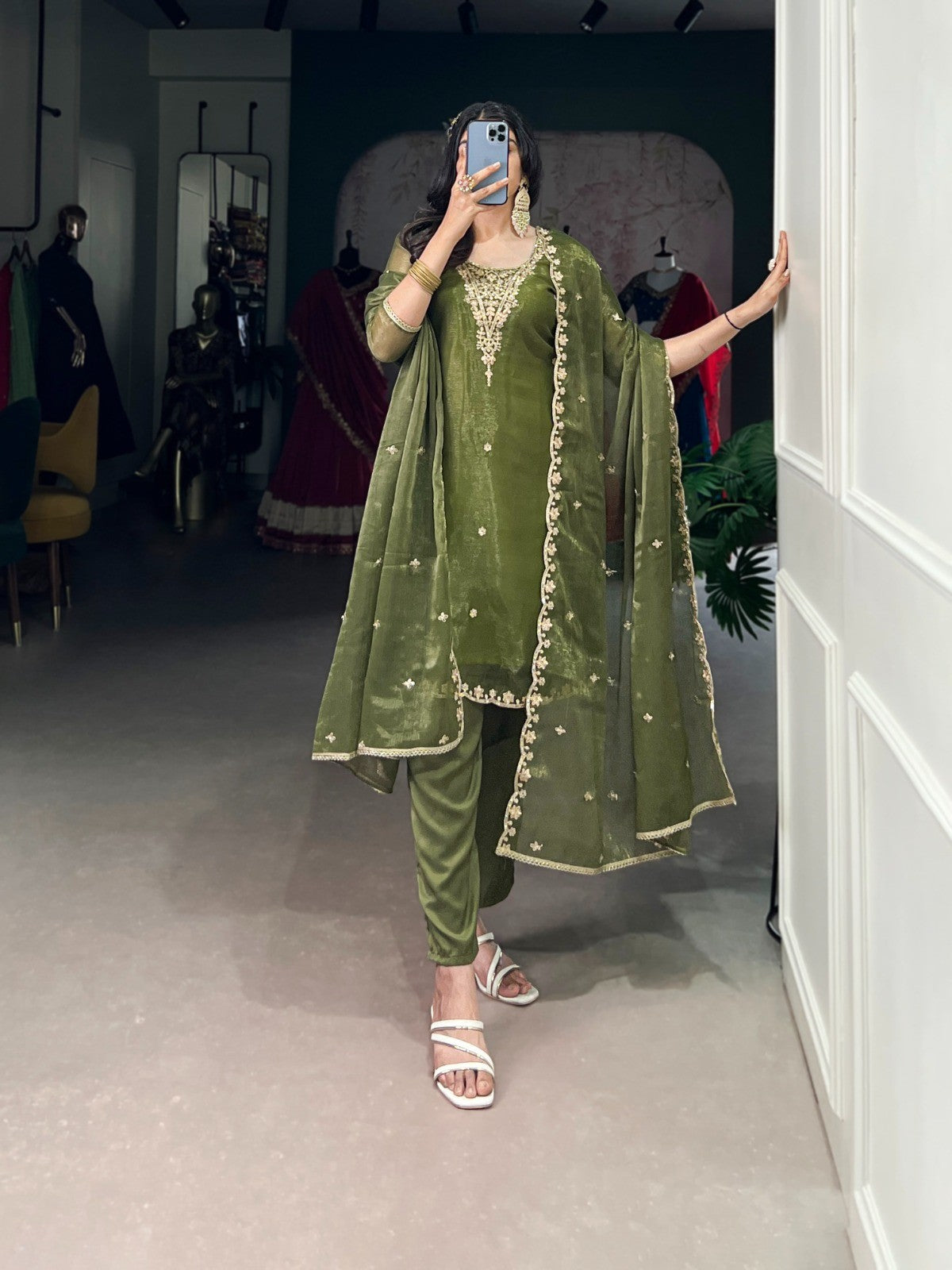 Olive Green Embroidered Ethnic Suit Set Elegant Desi Wear for Festive and Wedding Occasions