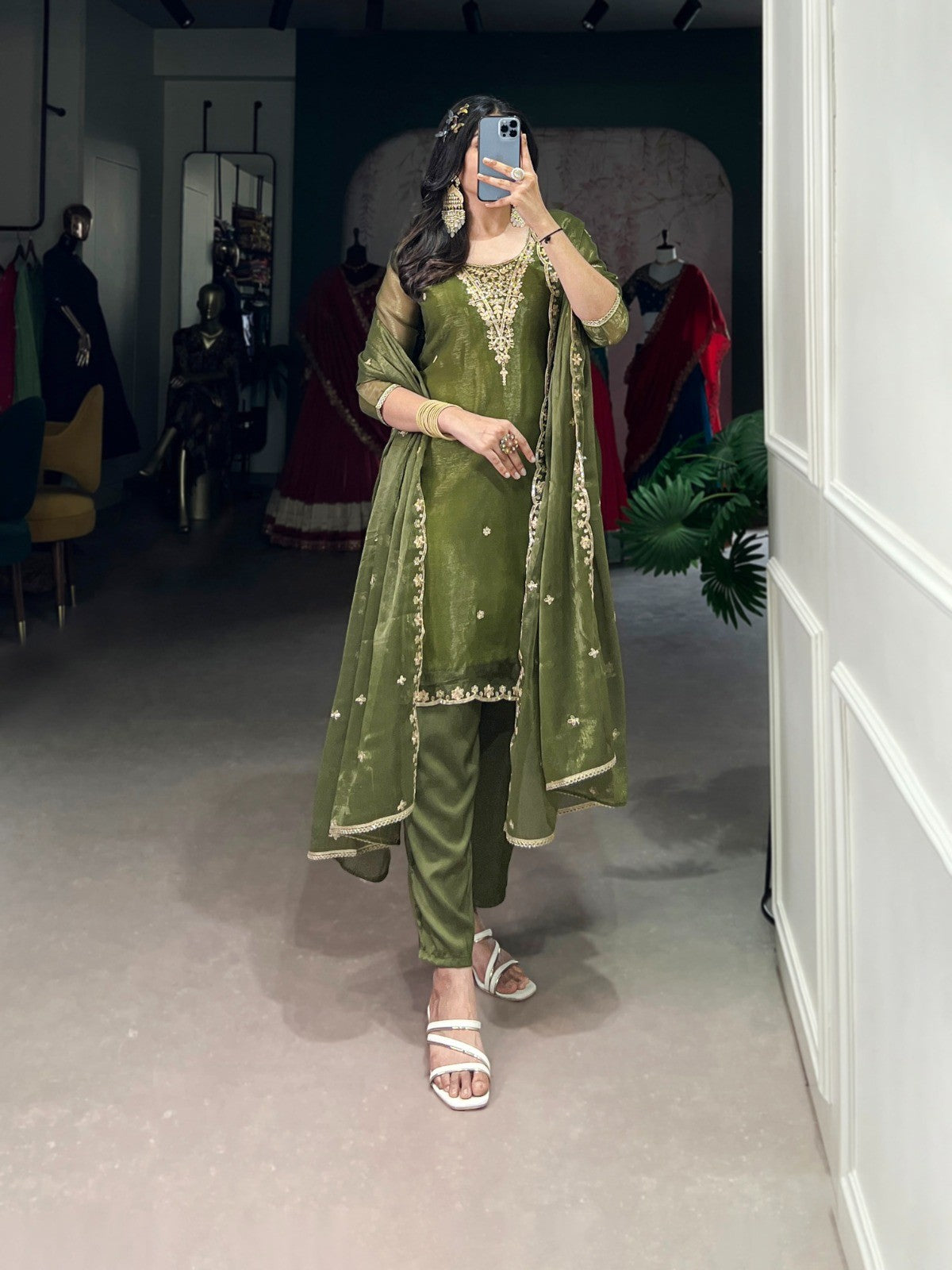 Olive Green Embroidered Ethnic Suit Set Elegant Desi Wear for Festive and Wedding Occasions