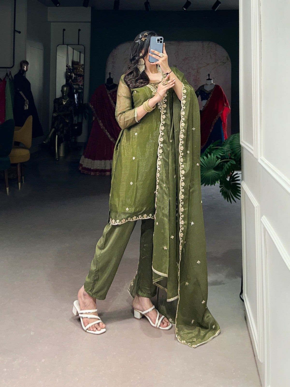 Olive Green Embroidered Ethnic Suit Set Elegant Desi Wear for Festive and Wedding Occasions