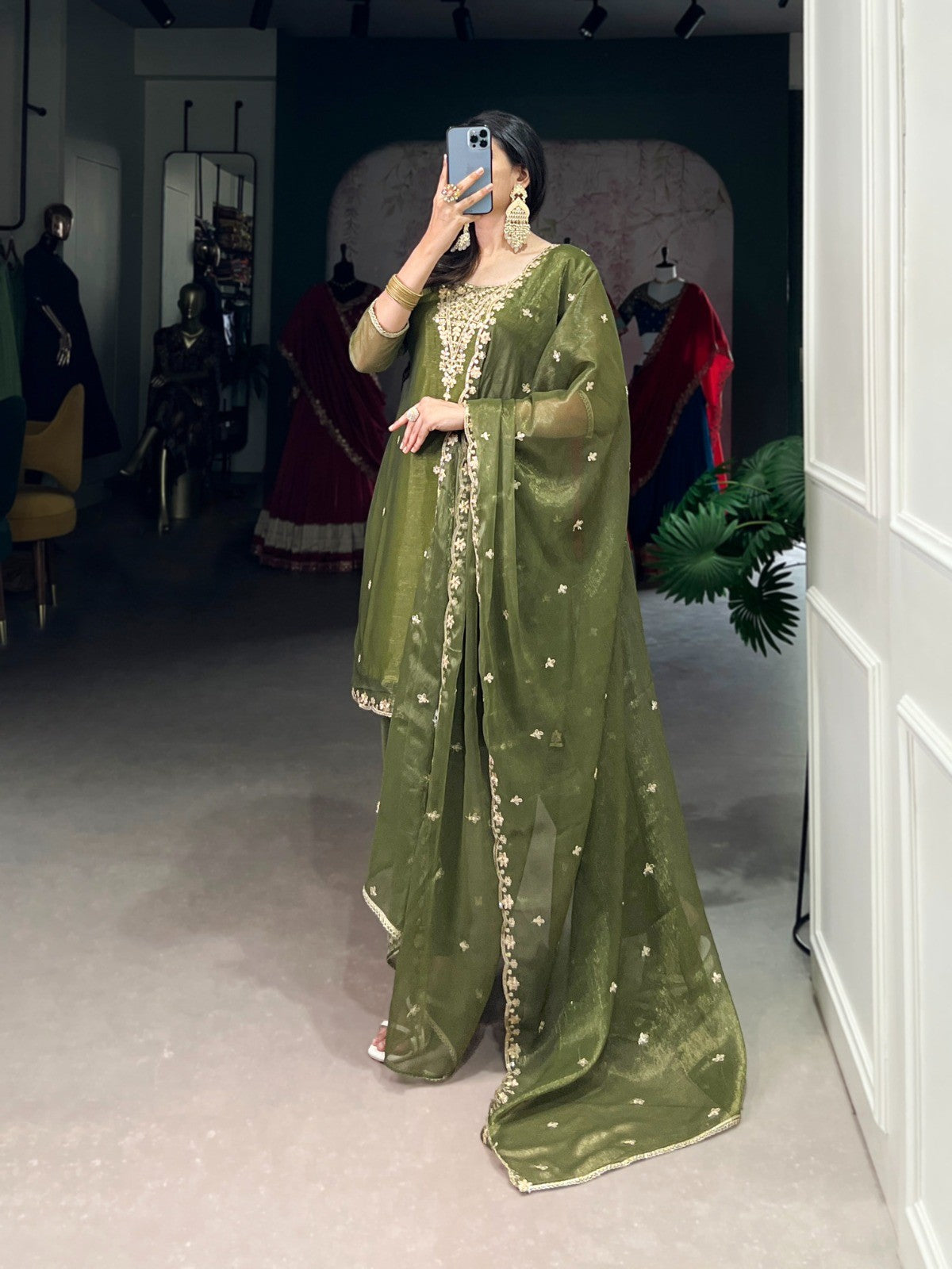 Olive Green Embroidered Ethnic Suit Set Elegant Desi Wear for Festive and Wedding Occasions
