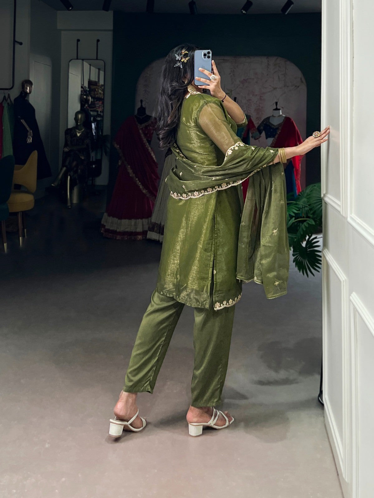 Olive Green Embroidered Ethnic Suit Set Elegant Desi Wear for Festive and Wedding Occasions