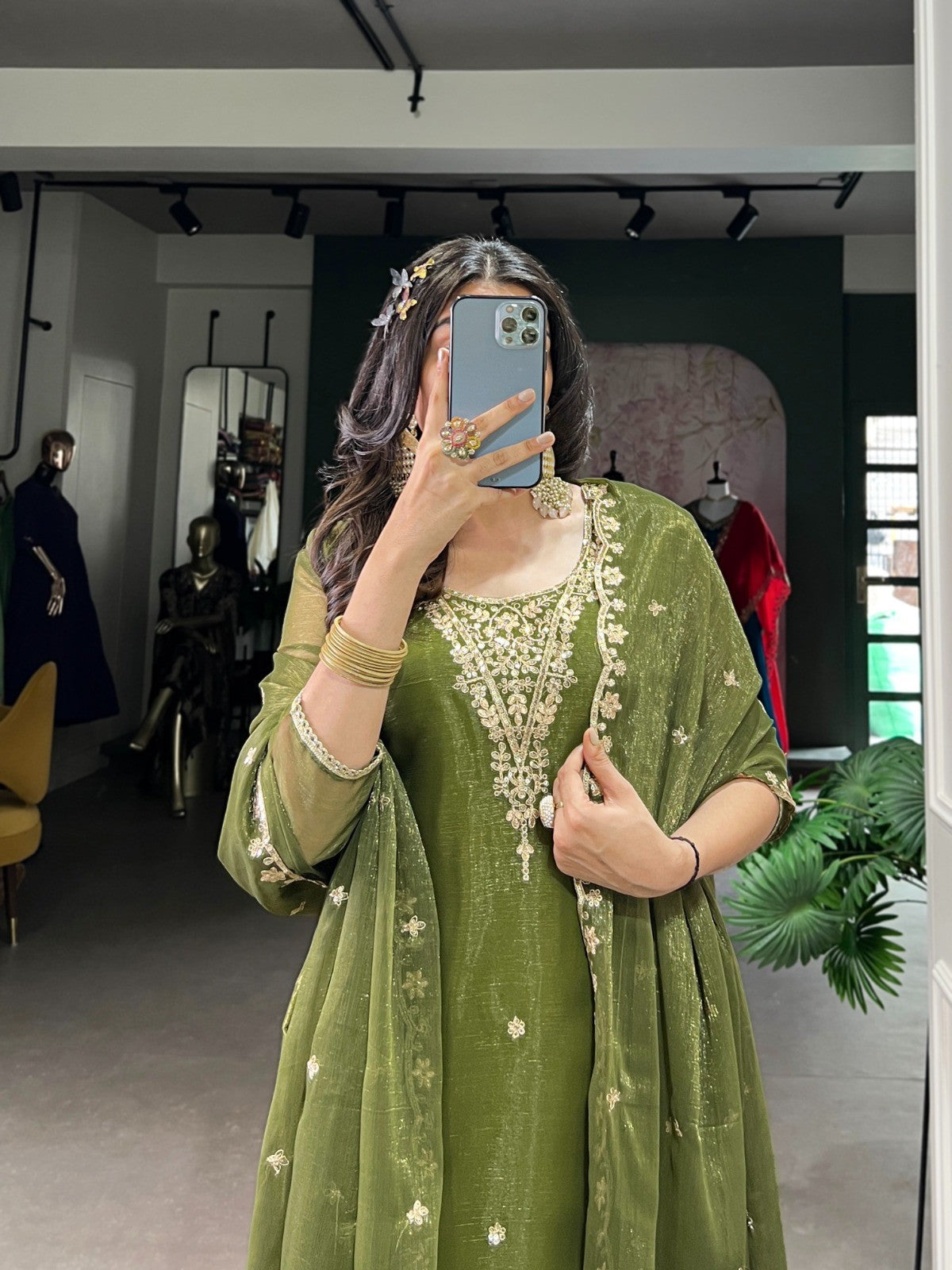 Olive Green Embroidered Ethnic Suit Set Elegant Desi Wear for Festive and Wedding Occasions