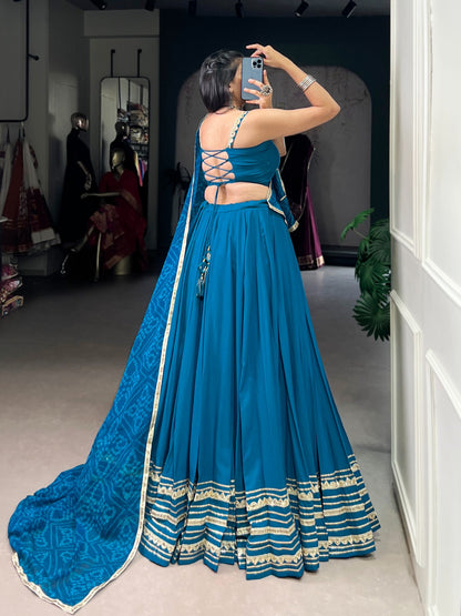 Teal Blue Rayon Lehenga Set with Real Mirror Work Blouse & Bandhej Chiffon Dupatta