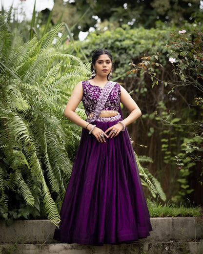 Deep Purple Lehenga Set in Fendy Satin Silk with Embroidered Blouse & Dupatta