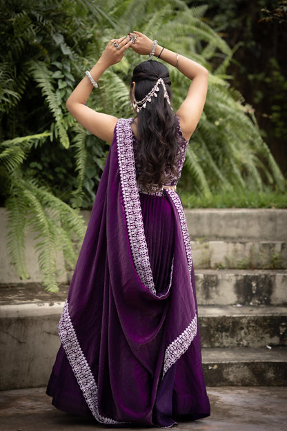 Deep Purple Lehenga Set in Fendy Satin Silk with Embroidered Blouse & Dupatta