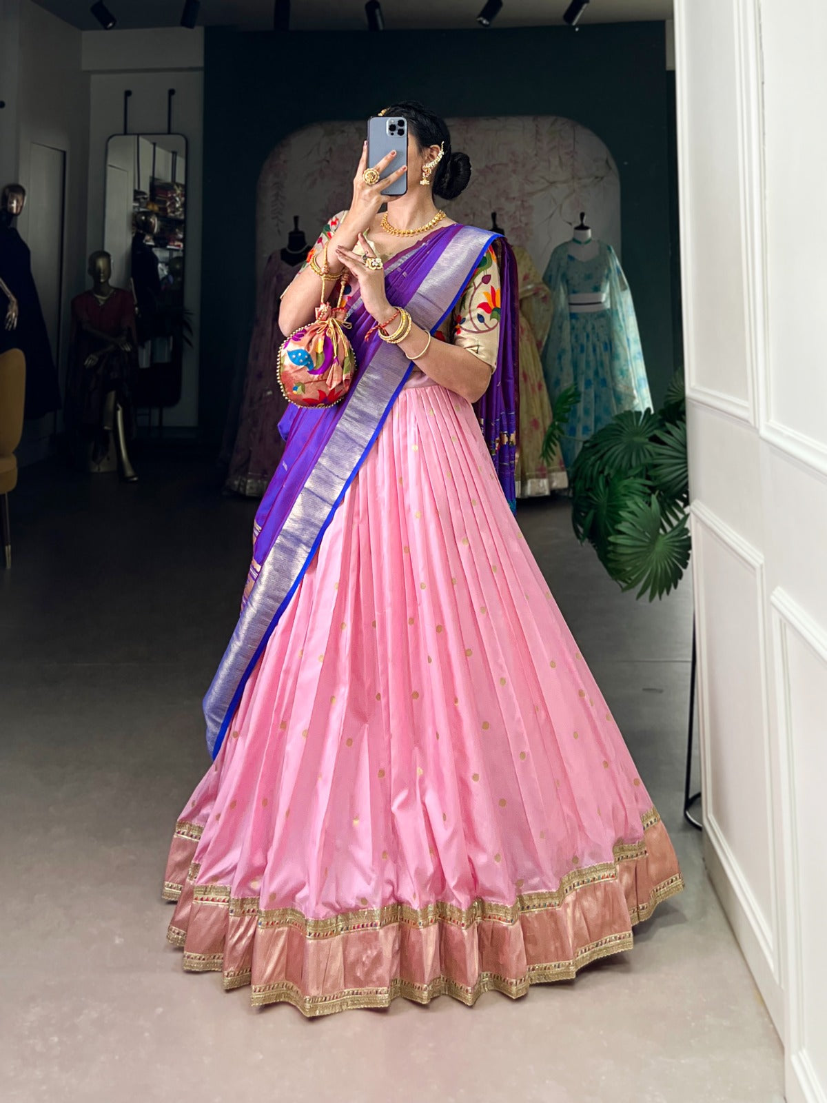 Paithani Jacquard Silk Lehenga Choli Set with Zari Dupatta & Batwa
