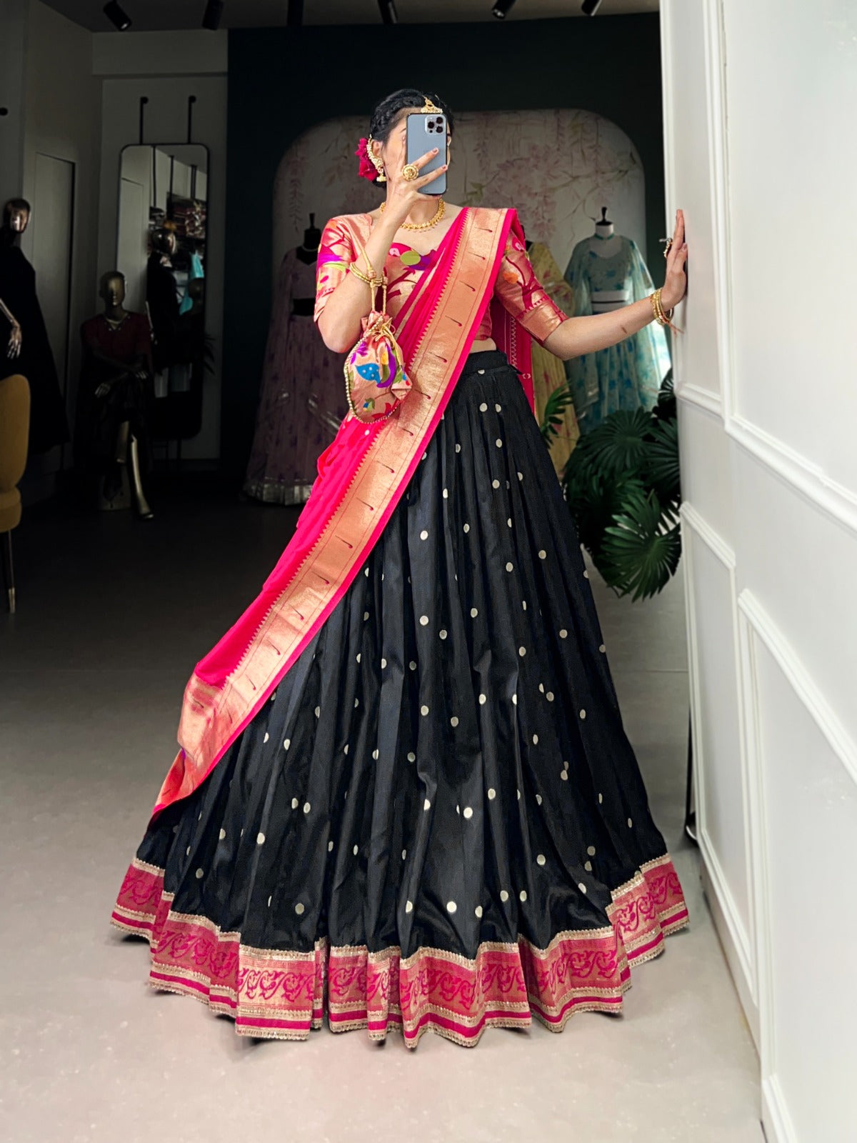 Paithani Jacquard Silk Lehenga Choli Set with Zari Dupatta & Batwa