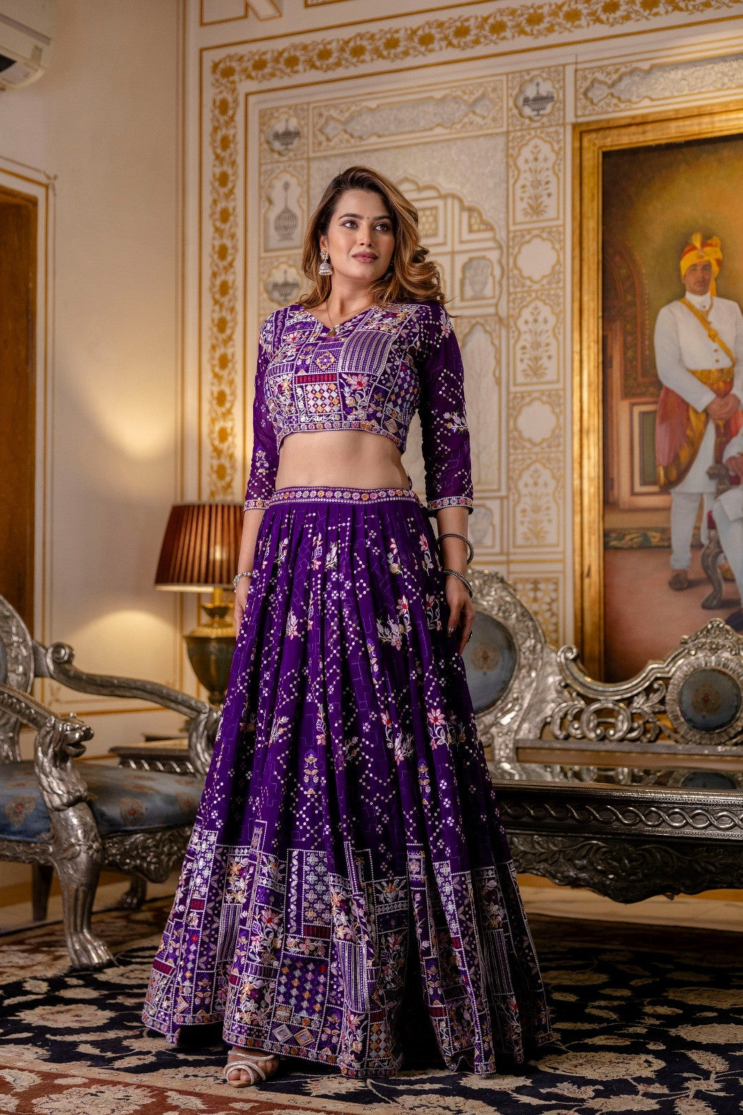 Purple Georgette Embroidered Semi-Stitched Lehenga Choli with Dupatta